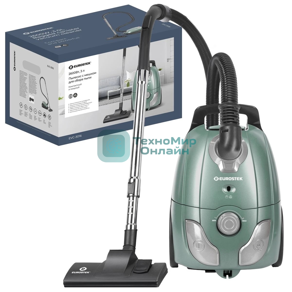 Пылесос Eurostek EVC-3016 мятный, Потребляемая мощность – 2600 Вт, Мощность всасывания – 420 Вт
