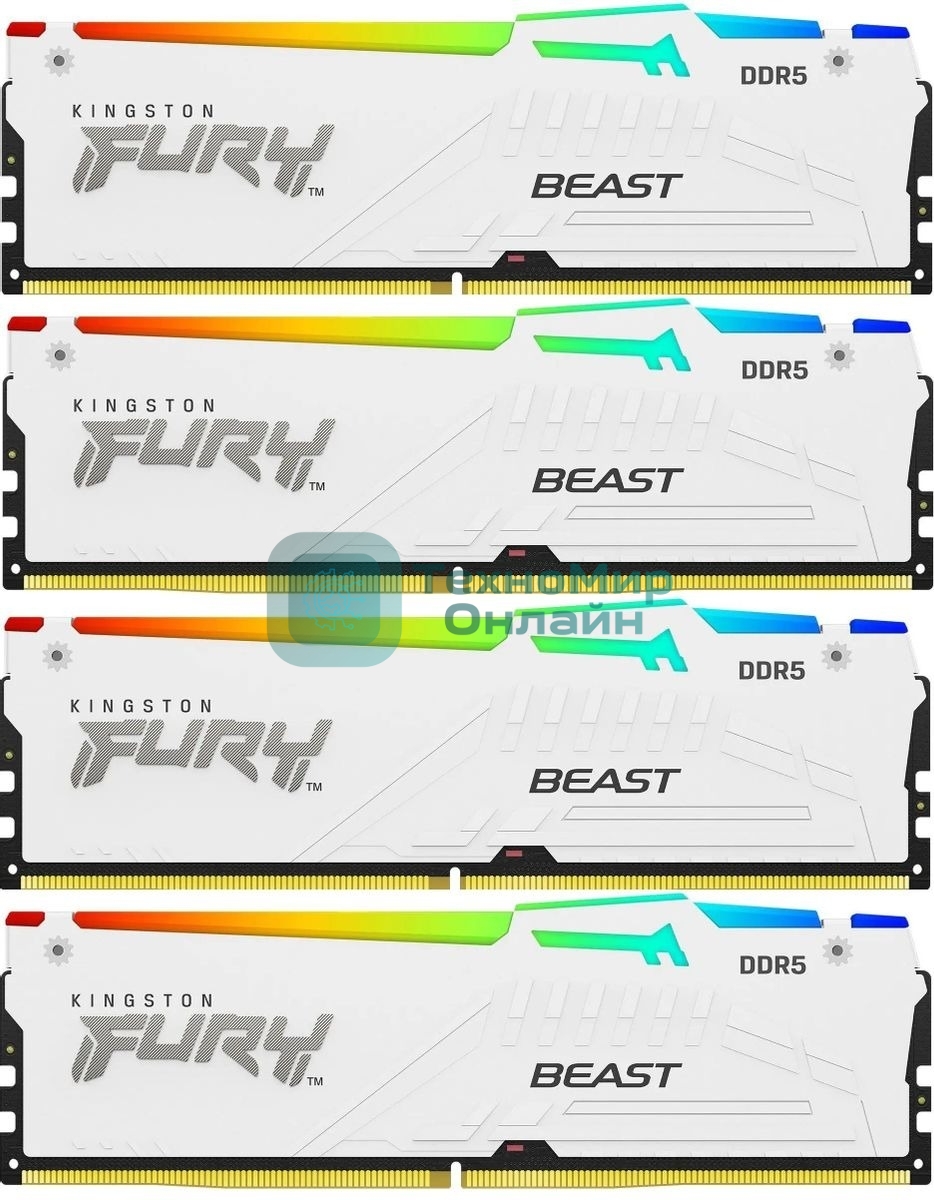 Оперативная память Kingston Fury Beast, DDR5, 128Gb (4x32 Gb), 5200 MHz, CL40, радиатор, RGb, белый