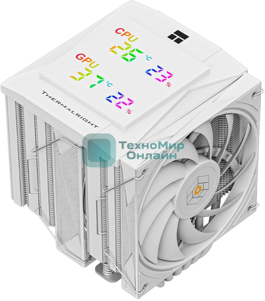 Кулер для процессора Thermalright Royal Knight 120 Digital White (4-pin PWM, LED temp., 162mm, Ni/Cu, 6x6mm, 2x120mm, 80.45CFM/56.36CFM, 29.4dBA/28.4dBA, 2150RPM/1900RPM, S: 1200, 1700, 1851, 115X, 2011, 2066, AM4, AM5, white)