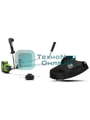 Триммер аккумуляторный GreenWorks GD40BCB, 40V, 40,6 см, бесщеточный, с АКБ 4АЧ и ЗУ (2105707UB) 40 вольт (модель GD40BCB) - отличная замена электро или бензиновому триммеру, он с легкостью справиться с высокой травой, а благодаря пильному диску (в комплекте) можно резать крупный кустарник. Это полупрофессиональный триммер, который отлично подойдет для ведения дачного хозяйства. Модель оснащена надежным бесщеточным двигателем DigiPro, сопоставимым по мощности с бензиновыми аналогами, при этом он абсолютно экологичен, имеет высокий крутящий момент, низкий уровень шума и вибраций, а так же прост в эксплуатации. Включение триммера производится одной кнопкой, основное применение - подрезка травы в труднодоступных для газонокосилки местах, а также подрезка кустарника. Эта модель имеет наплечный ремень, а также эргономичную велосипедную рукоятку. Долгое автономное время работы (до 80 минут от 4 А/час батареи) и отсутствие необходимости использовать бензин и масло, переносить за соб