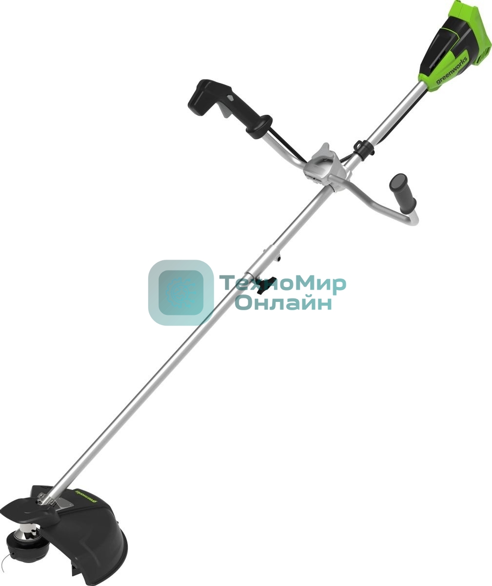 Триммер аккумуляторный GreenWorks GD40BCB, 40V, 40,6 см, бесщеточный, с АКБ 4АЧ и ЗУ (2105707UB) 40 вольт (модель GD40BCB) - отличная замена электро или бензиновому триммеру, он с легкостью справиться с высокой травой, а благодаря пильному диску (в комплекте) можно резать крупный кустарник. Это полупрофессиональный триммер, который отлично подойдет для ведения дачного хозяйства. Модель оснащена надежным бесщеточным двигателем DigiPro, сопоставимым по мощности с бензиновыми аналогами, при этом он абсолютно экологичен, имеет высокий крутящий момент, низкий уровень шума и вибраций, а так же прост в эксплуатации. Включение триммера производится одной кнопкой, основное применение - подрезка травы в труднодоступных для газонокосилки местах, а также подрезка кустарника. Эта модель имеет наплечный ремень, а также эргономичную велосипедную рукоятку. Долгое автономное время работы (до 80 минут от 4 А/час батареи) и отсутствие необходимости использовать бензин и масло, переносить за соб