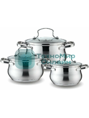 Набор посуды Kelli KL-4209 6 пред. Кастрюля с жаропрочной стекл. крышкой 2.1 л. Кастрюля с жаропрочной стекл. крышкой 3 л. Кастрюля с жаропрочной стекл. крышкой 4 л. Высококачественная нерж. сталь 18/10. 5-ти слойное капсульное дно.
