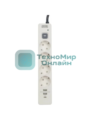 Сетевой фильтр Powercom SP-01 USB2A1CW 3,0М 3.0 м, 4 розетки, белый/серый, коробка