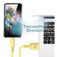 Кабель Defender F207, USB 2.0 (AM) - Type-C, 1 м, 2.4А, силиконовая оплетка, желтый.