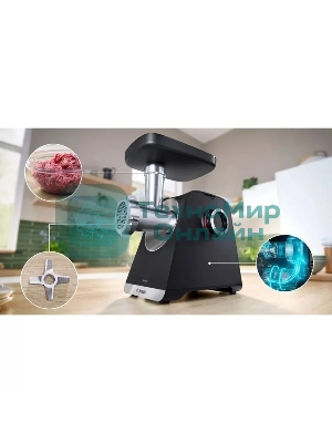 Мясорубка электрическая Bosch MFWS650B черный, 2100 Вт, 3.5 кг/мин, реверс, защита от перегрузки, насадки - 5