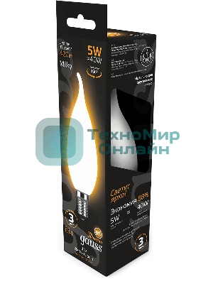 Лампа светодиодная филаментная Gauss Filament 5Вт цок.: E14 свеча 220B св. свеч. бел. теп. (упак.: 10 шт)