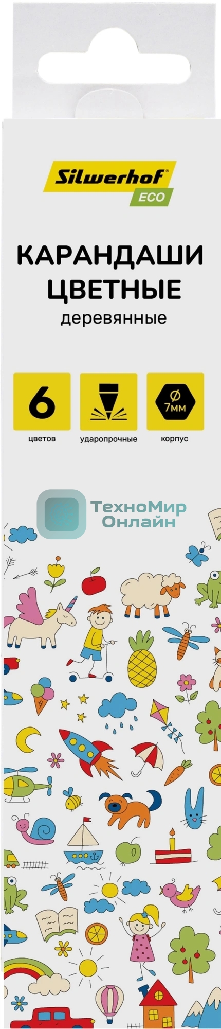 Карандаши цветные Silwerhof Eco 2.65 мм, шестигранный профиль, дерево, ассорти, 6 цветов, коробка с европодвесом