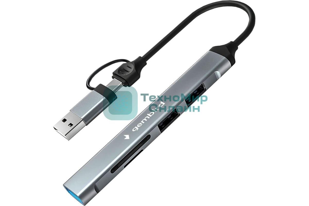 Кард-ридер Type-C/USB-A (3.1) Gembird 5в1: 2xUSB 2.0, USB3.1, SD/TF, кабель 10 см, алюминий