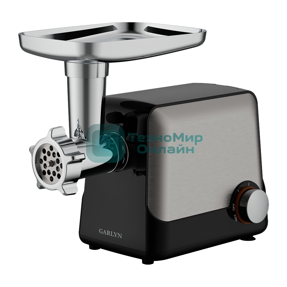 Мясорубка электрическая GARLYN MG-1500 серый/черный, 2000 Вт, 2.5 кг/мин, реверс, защита от перегрузки, насадки - 9