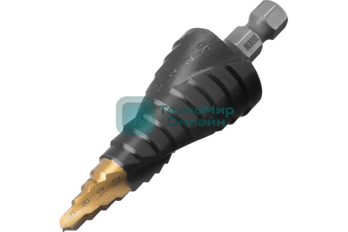 Сверло ступенчатое Denzel 6-8-10-12-14-16-18-20-22-24-26-28-30 мм, Р6М5, 6-гр. хвостовик