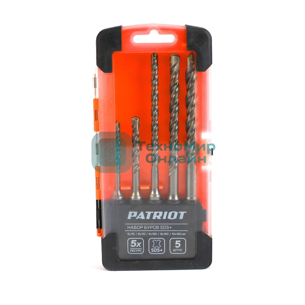 Набор буров PATRIOT SDS Plus, 5 шт: 5x110 мм, 6x110 мм, 6x160 мм, 8x160 мм, 10x160 мм в боксе