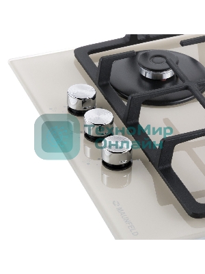 Газовая варочная панель Maunfeld EGHG.43.33CBG/G газ, ширина 45 см, 3 конфорки, WOK, чугунные решетки, газ-контроль, электроподжиг, бежевый