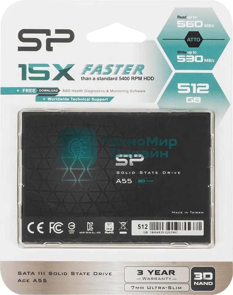Накопитель SSD Silicon Power Ace A55, 512Gb, SATA III, 2.5