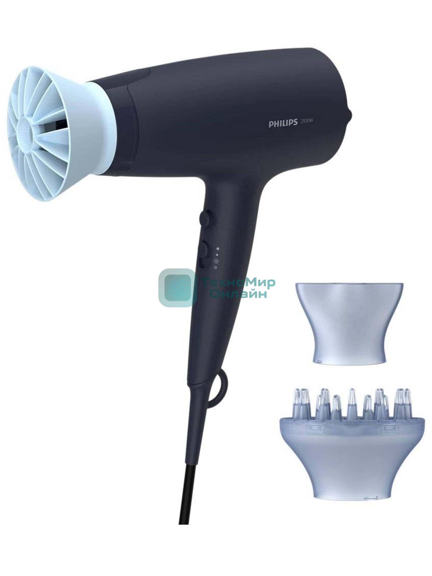 Фен Philips BHD360/20 черный/синий, 2100 Вт, ионизация