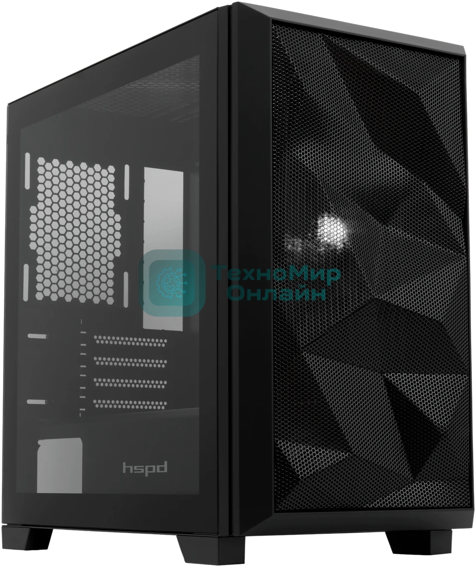 Компьютерный корпус без блока питания HSPD M340, Mesh Mid Tower, черный, TG, 0.5 SPCC, no fans, mATX, mITX, 165/350/200мм, 2x2.5
