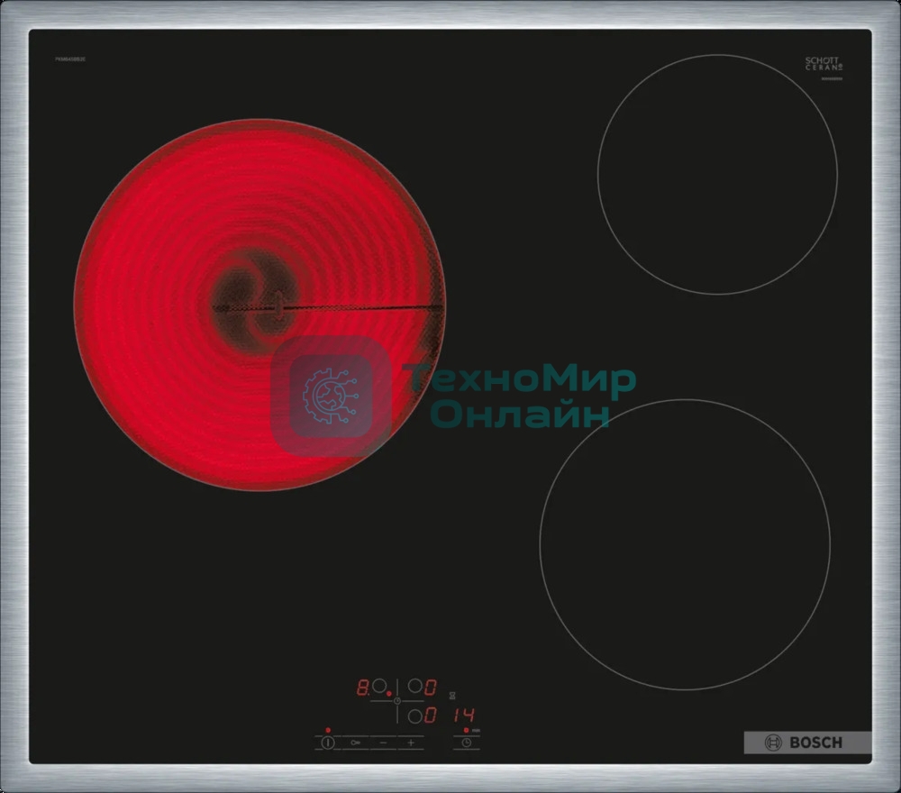 Электрическая варочная панель Bosch PKM645BB2E, стеклокерамическая поверхность, независимая, рамка-сталь, черный 4.8x58.3x51.3