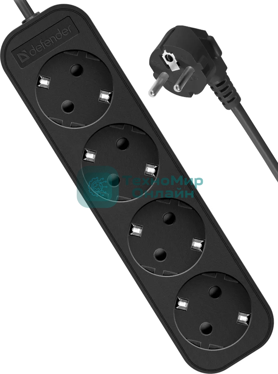 Удлинитель Defender M450 черный, 5 м, EURO, 4 розетки, 2200 Вт