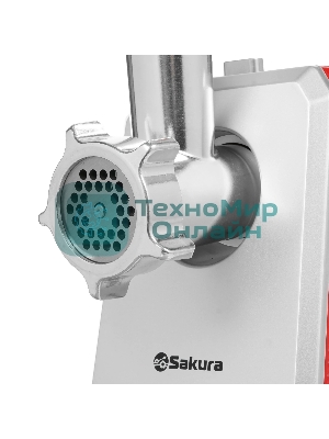 Мясорубка электрическая Sakura SA-6424R красный, 2000 Вт, 3.5 кг/мин, реверс, защита от перегрузки, металлический лоток, насадки - 4