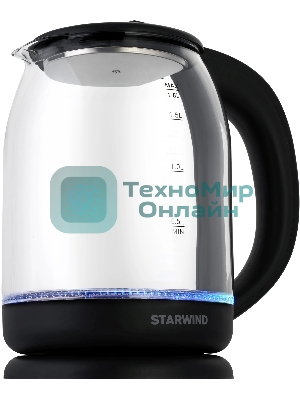 Чайник электрический Starwind SKG1779 1.8 л, 1700 Вт, прозрачный/черный корпус: стекло