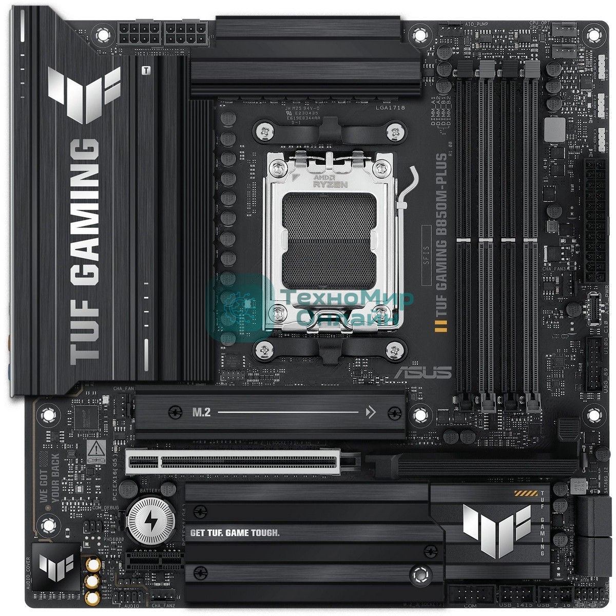 Материнская плата ASUS TUF Gaming B850M-Plus, AM5, AMD B850, 4xDDR5, 4xSATA, 3xM.2, 1xPCIe 5.0 x16, 1xPCIe 4.0 x4, 1xPCIe x1, 1xDP, 1xHDMI, 1x2.5Gb LAN, 4xUSB 2.0, 4xUSB 3.2 Gen 1, 3xUSB 3.2 Gen 2, 1xUSB-C, 3x3.5 мм, 7.1, mATX