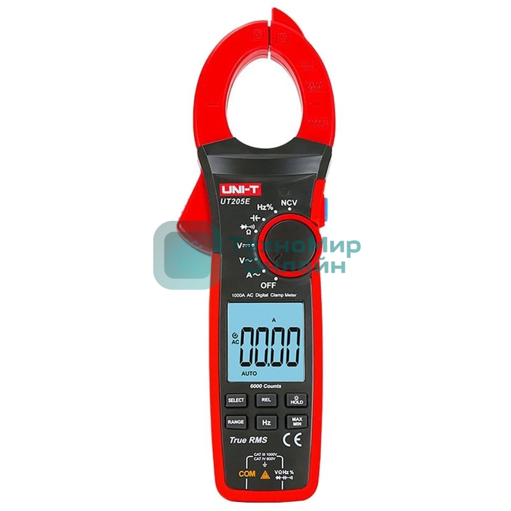 Токоизмерительные клещи UT205E Напряжение постоянного/переменного тока (1000 В); переменный ток (1000А); Сопротивление (60 МОм); Емкость (60 мФ); Частота (1 МГц)