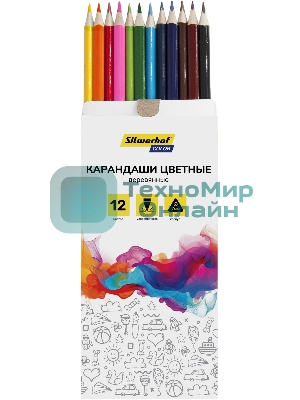 Карандаши цветные Silwerhof Color 2.65 мм, трехгранный профиль, дерево, ассорти, 12 цветов, коробка с европодвесом