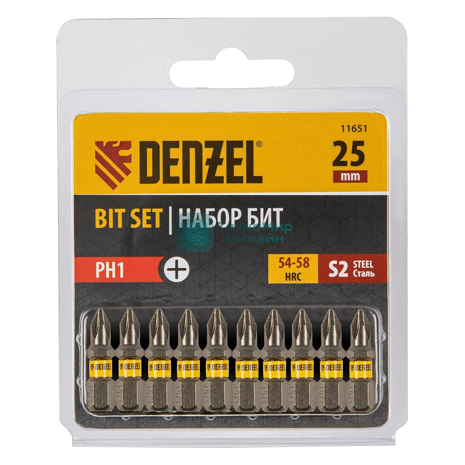 Набор бит Denzel PH1х25, сталь S2, шестигранный профиль, 10 шт.