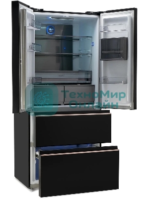 Холодильник Hyundai CM55043F черный стекло трехкамерный, 354/186, морозилка снизу, No Frost, Side by Side