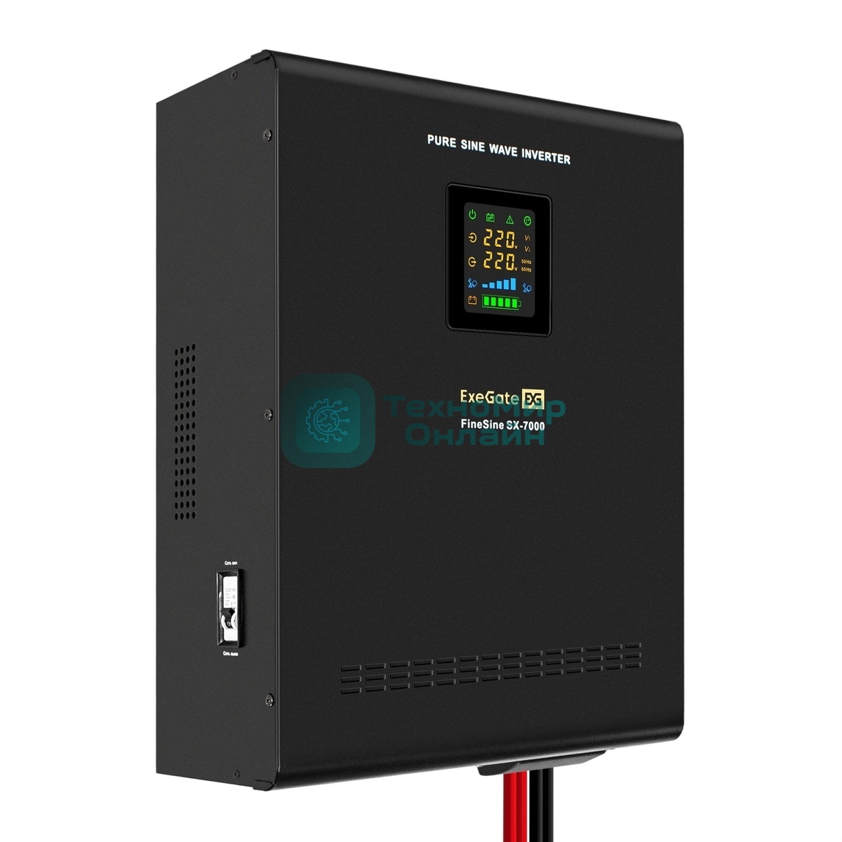 Источник бесперебойного питания (инвертор, синус, для котла, настенный) ExeGate FineSine SX-7000.LCD.AVR.2SH.T 7000VA/5000W, чистая синусоида, цветной LCD-дисплей, AVR, 2*Schuko+клеммы, линейно-интерактивный, внешняя батарея 48В до 200А·ч (поставляется отдельно), крепление настенное, черный