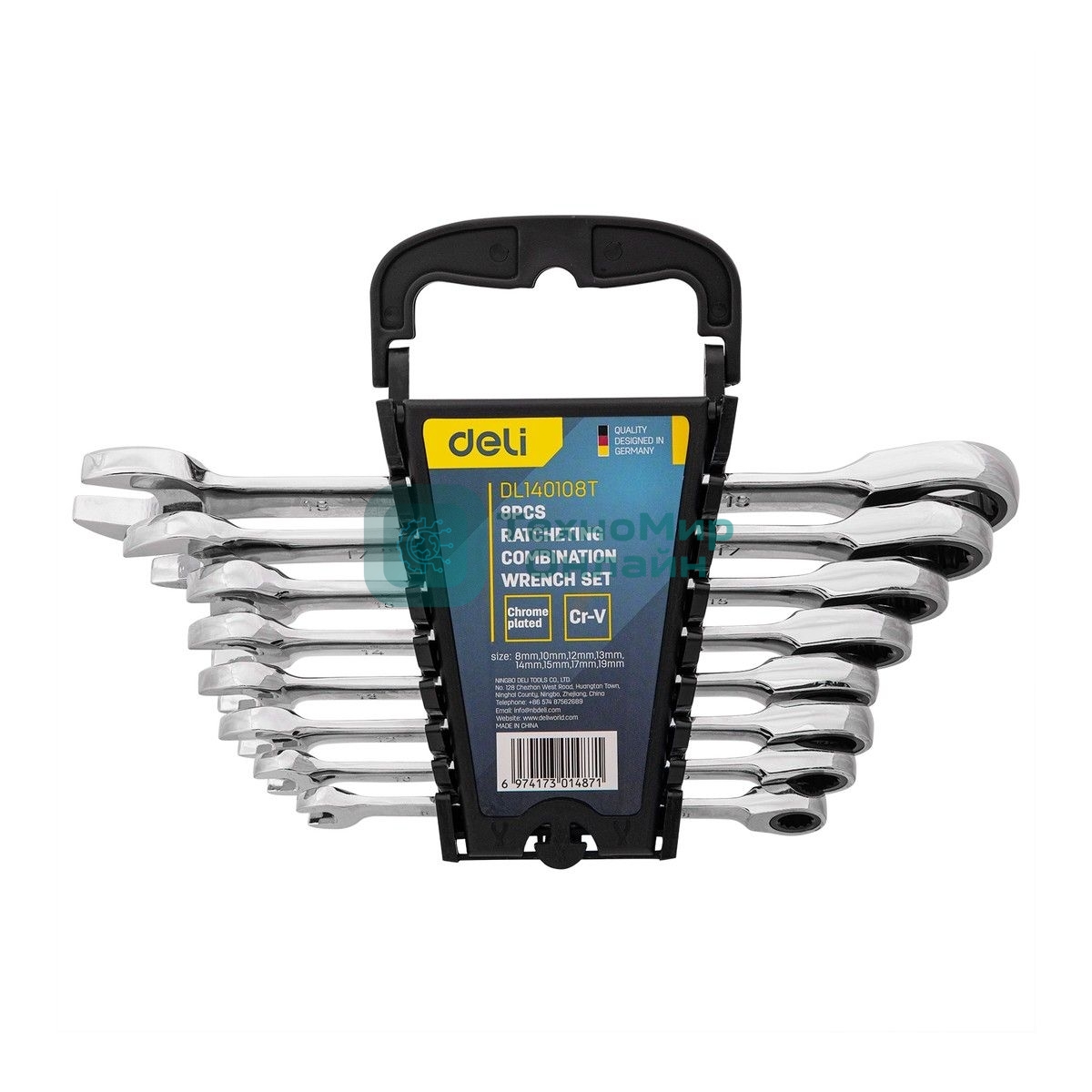 Набор комбинированных ключей с трещоткой 8 шт Deli DL140108T Спецификация: 8,10,12,13,14,15,17,19мм. Сталь 40 Cr. Трещетка 50BV30 72Т.
