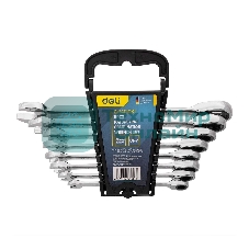 Набор комбинированных ключей с трещоткой 8 шт Deli DL140108T Спецификация: 8,10,12,13,14,15,17,19мм. Сталь 40 Cr. Трещетка 50BV30 72Т.