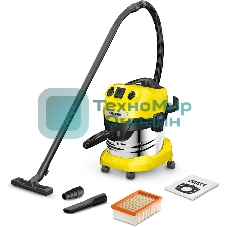 Строительный пылесос Karcher WD 4 P S V-20/5/22 желтый, 1000 Вт, уборка сухая/сбор воды/выдув, пылесборник мешок/контейнер, 20 л