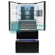 Холодильник Hyundai CM55043F черный стекло трехкамерный, 354/186, морозилка снизу, No Frost, Side by Side