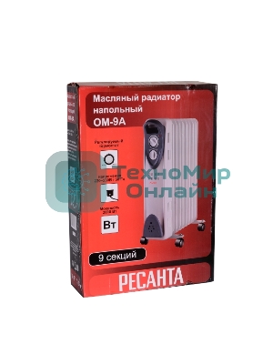 Обогреватель масляный Ресанта ОМ-9А (9 секций), белый, 2000 Вт, 20 м2, термостат 67/3/16