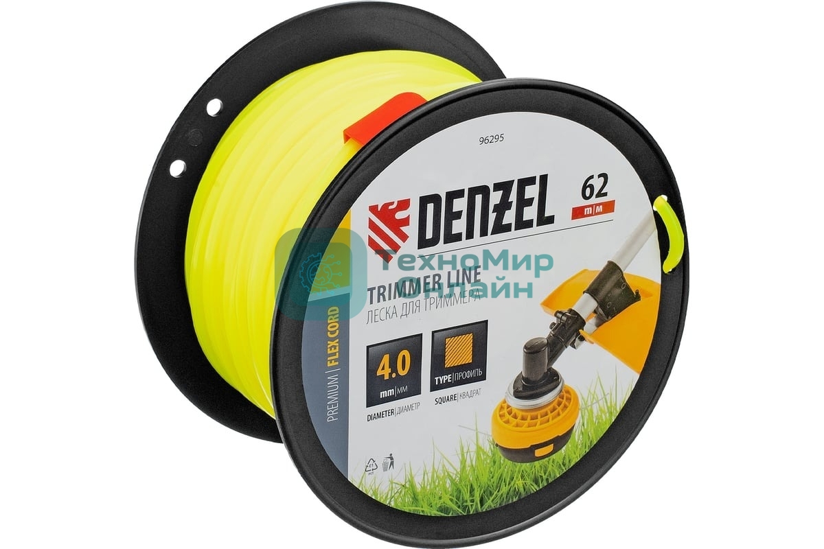 Леска для триммера Denzel квадрат, 4,0мм х 62м, на DIN катушке FLEX CORD