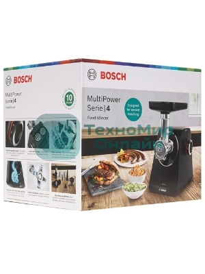 Мясорубка электрическая Bosch MFWS440B черный, 1900 Вт, 2.5 кг/мин, реверс, защита от перегрузки, насадки - 7