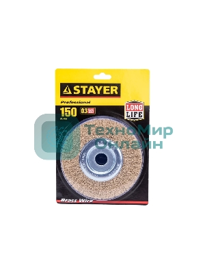 Кордщетка STAYER PROFESSIONAL 35122-150 д/УШМ витая стальная латун.проволока 0.3мм 150мм/22мм