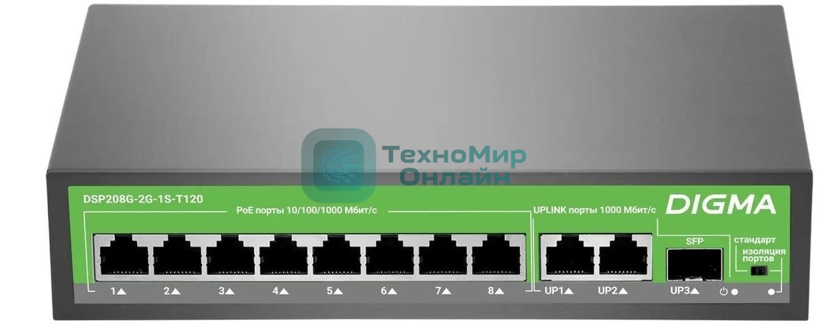 Коммутатор Digma DSP208G-2G-1S-T120 (L2) 10x1 Гбит/с 1SFP 8PoE 8PoE+ 120W неуправляемый