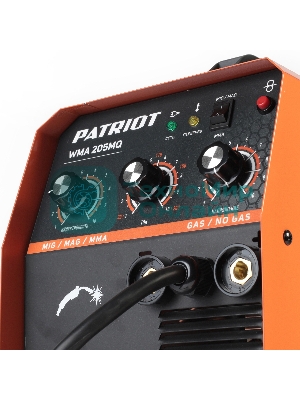 Полуавтомат сварочный инверторный PATRIOT WMA 205MQ MIG/MAG/MMA, полуавтоматическая сварка в среде газа (MIG/MAG) стальной и флюсовой проволокой 0.6/0.8 мм, сварка электродом (MMA) до 4мм, сварочный ток в режиме MIG: 40-200А; сварочный ток в режиме MMA: 40-200А; ПВ при макс. токе: 60%
