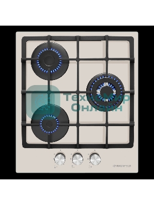 Газовая варочная панель Maunfeld EGHG.43.33CBG/G газ, ширина 45 см, 3 конфорки, WOK, чугунные решетки, газ-контроль, электроподжиг, бежевый