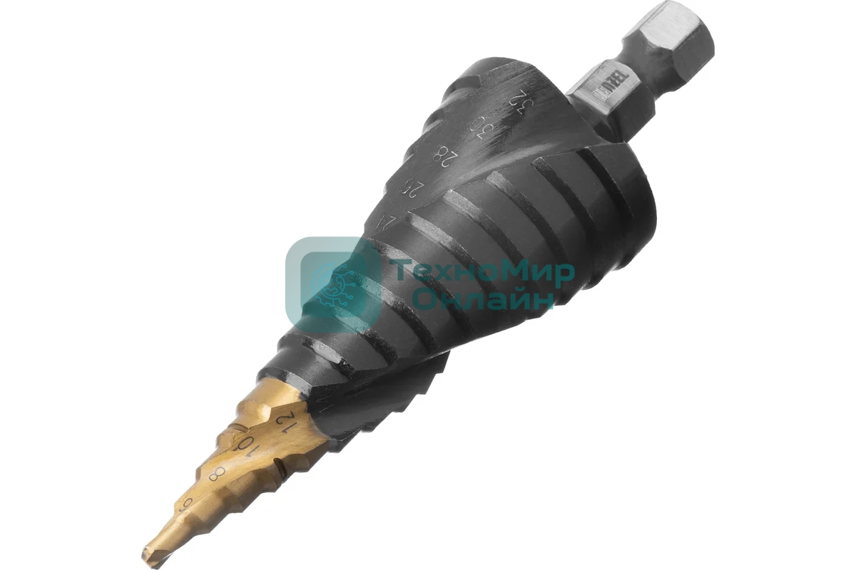 Сверло ступенчатое Denzel 4-6-8-10-12-14-16-18-20-22-24-26-28-30-32 мм, Р6М5, 6-гр. хвостовик