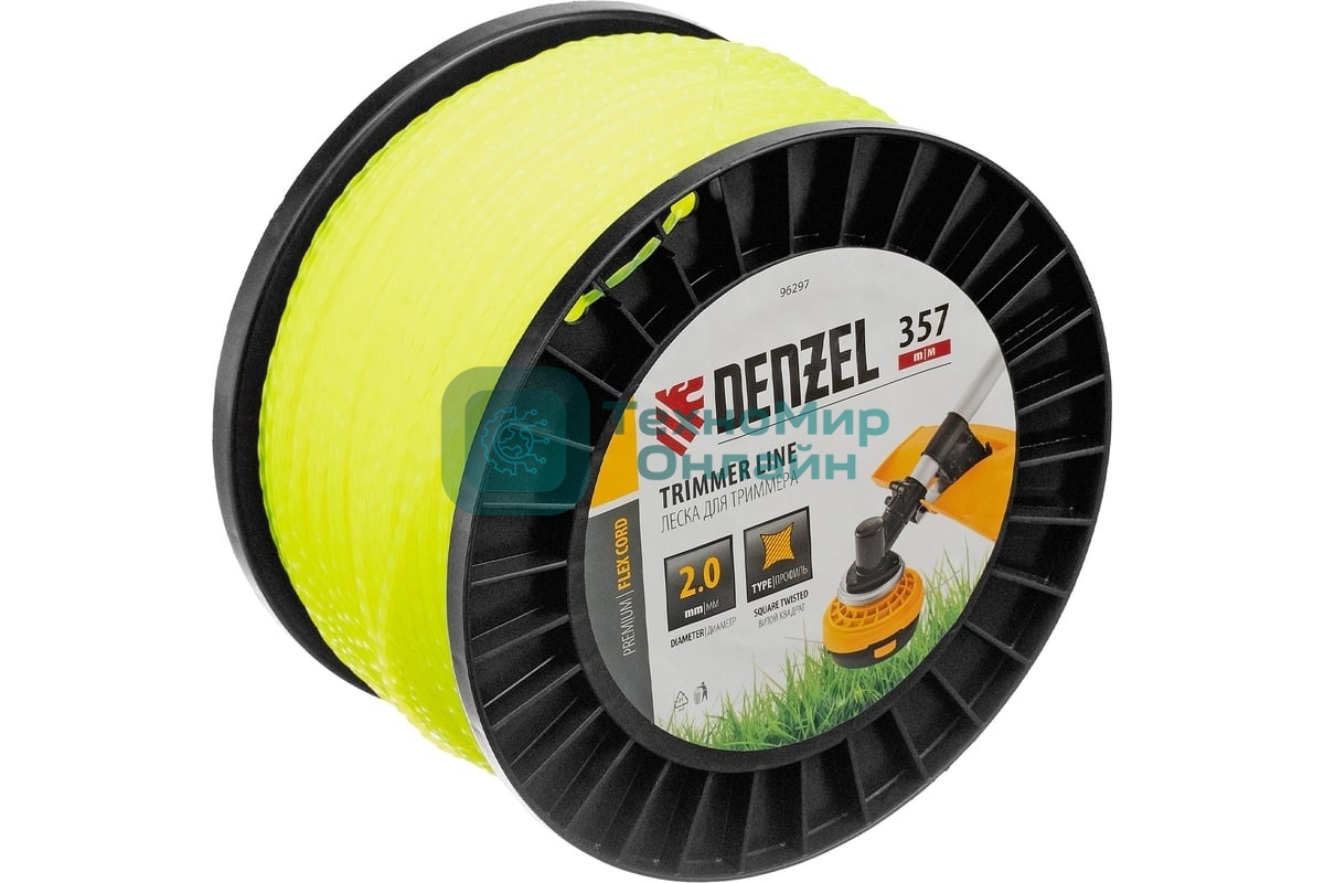 Леска для триммера Denzel витой квадрат, 2,0мм х 357м, на DIN катушке FLEX CORD