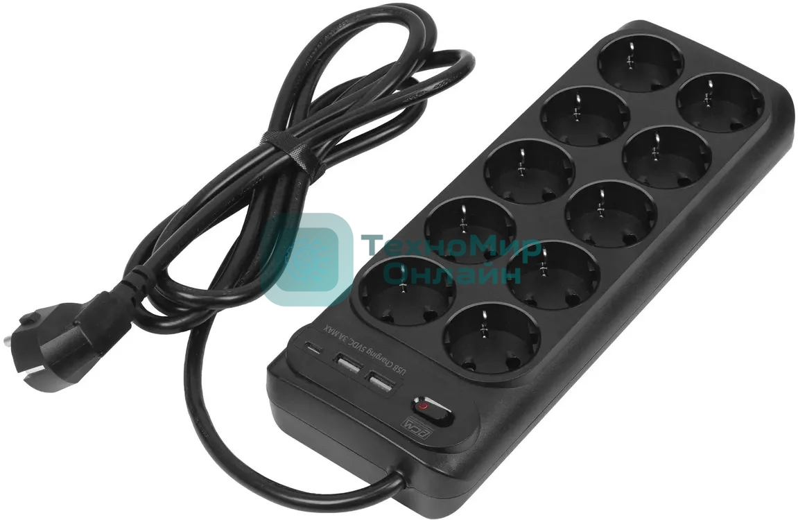 Сетевой фильтр Powercom SP-10 USB2A1СB 3,0 м 3.0м (10 розеток) черный, коробка