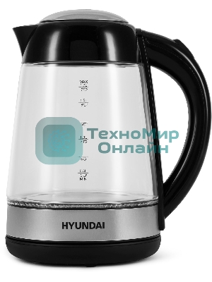 Чайник электрический Hyundai HYK-G3803 1.7 л, 2200 Вт, черный/серебристый (корпус: стекло)