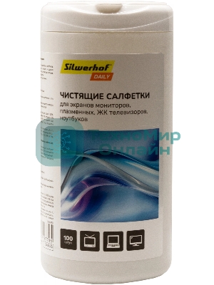 Салфетки Silwerhof DAILY для экранов мониторов/плазменных/ЖК телевизоров/ноутбуков туба 100 шт влажных