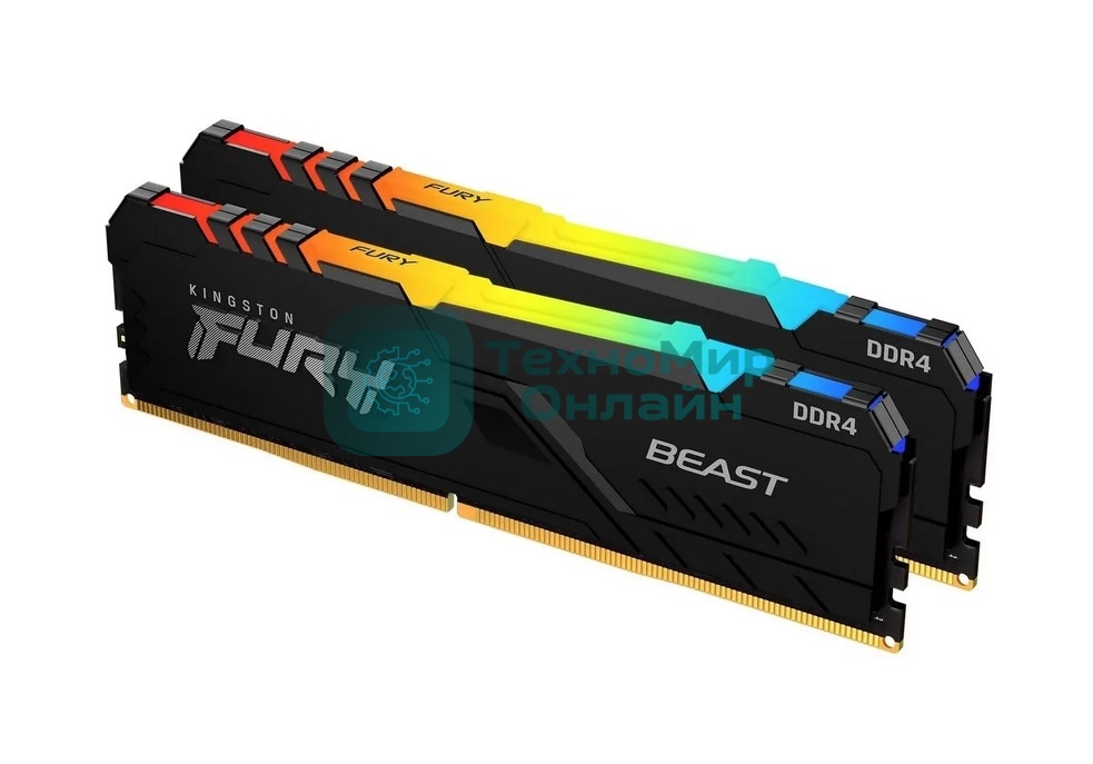 Оперативная память Kingston Fury Beast, DDR4, 16GB (2x8GB), 3200MHz, CL16, DIMM, с радиатором, RGB, черный