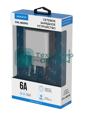 Сетевое зарядное устройство Maxvi CHL-602PD 30W, 6A, QC 3.0, 1xUSB-A, 1xUSB-C, белый