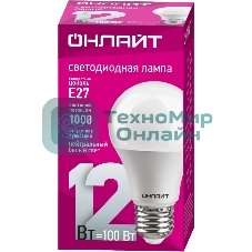 Лампа светодиодная ОНЛАЙТ 71655 OLL-A65/А60-12-230-4K-E27 12 Вт грушевидная 4000К белый E27 1000 лм 176-264В