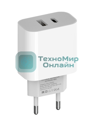 Сетевое зарядное устройство Maxvi CHL-602PD 30W, 6A, QC 3.0, 1xUSB-A, 1xUSB-C, белый