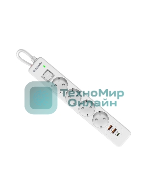 Удлинитель с сетевым фильтром Defender DFS 141, белый, 4розетки, USB+TypeC, 1.5 м.